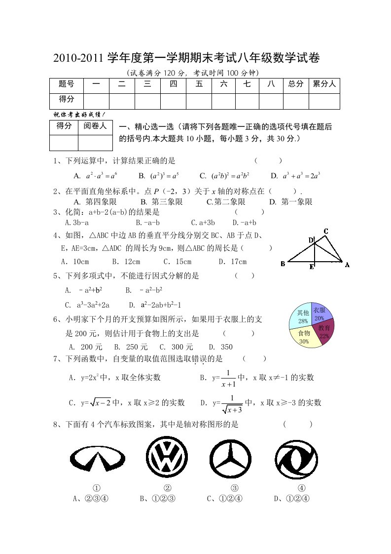 人教版八年级上数学期末考试试卷(5套)