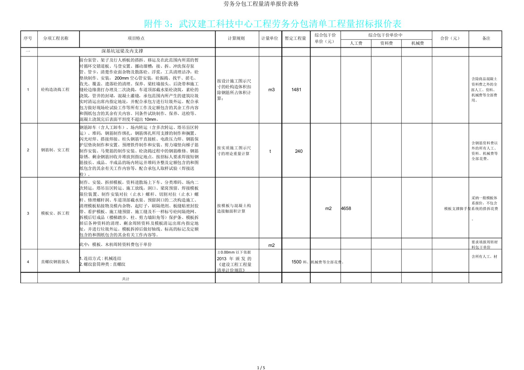 劳务分包工程量清单报价表格