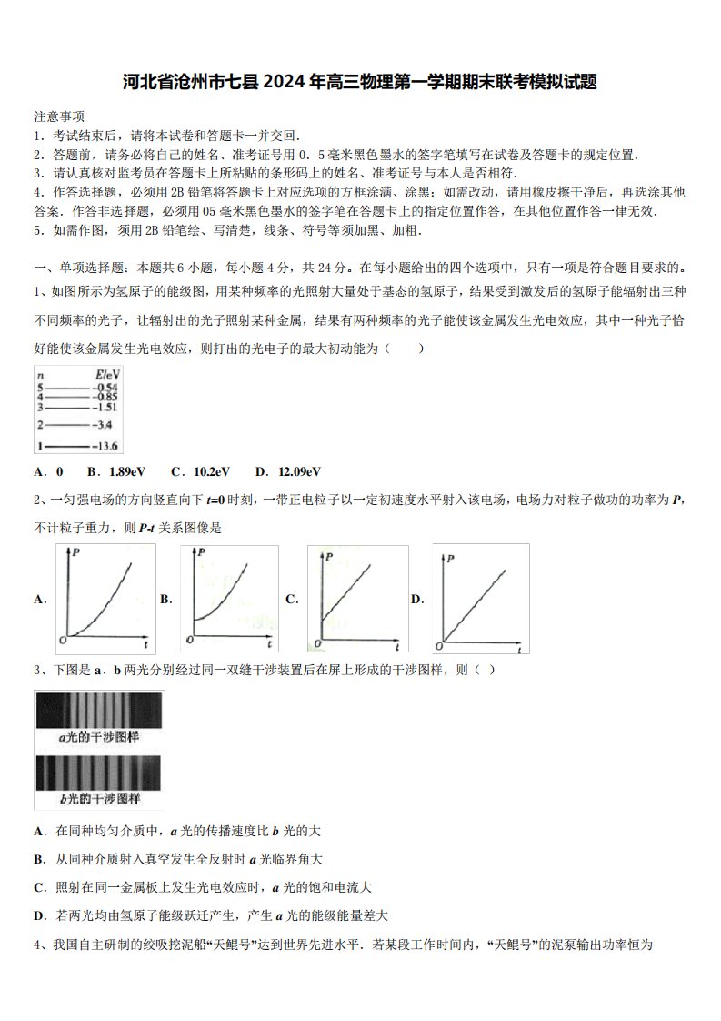 河北省沧州市七县2024年高三物理第一学期期末联考模拟试题含解析7200