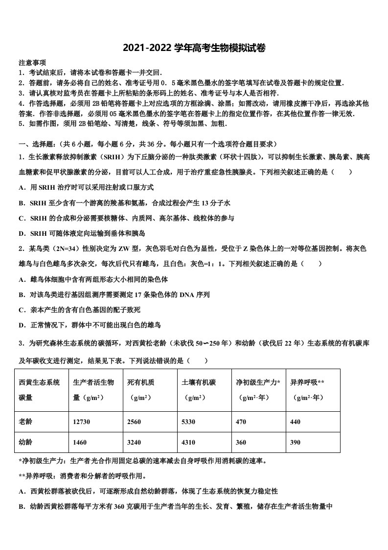 2022届福建省莆田市高三下学期联合考试生物试题含解析