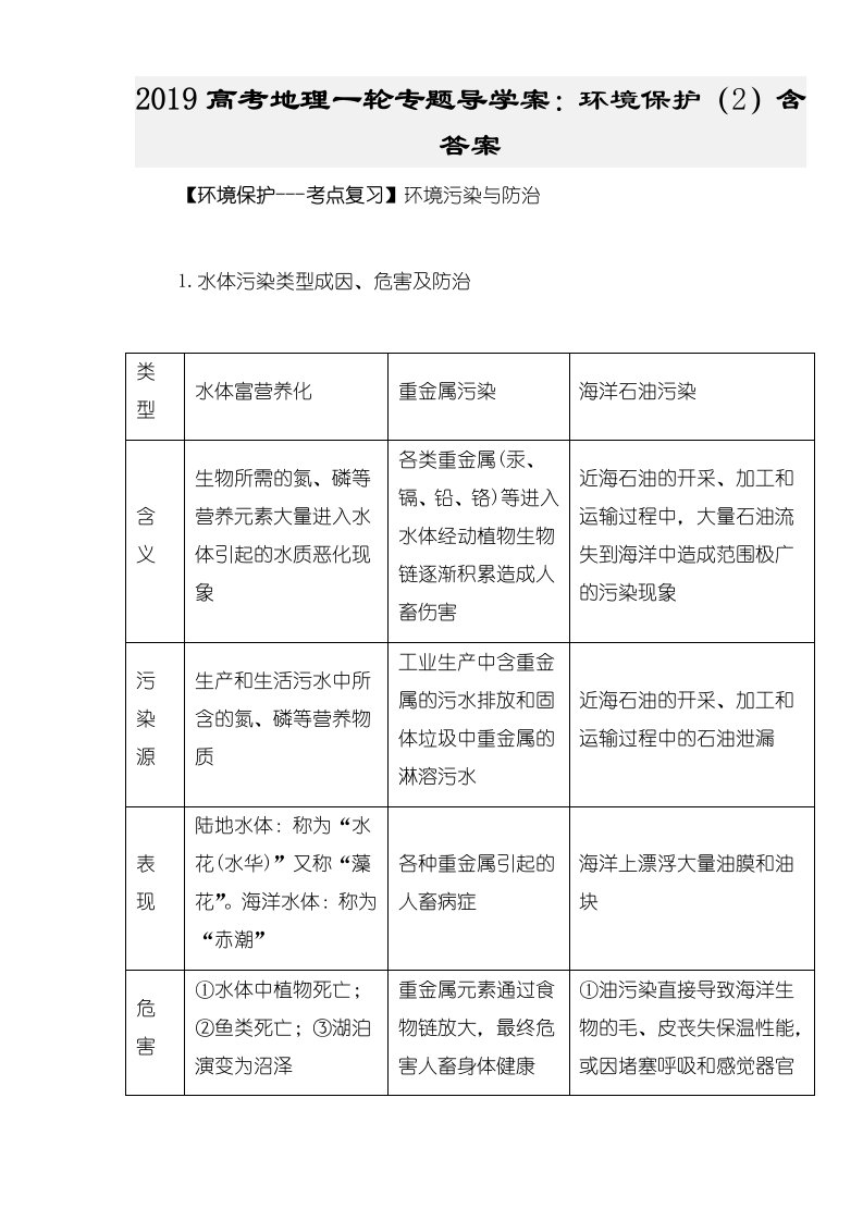 高考地理一轮专题导学案：环境保护（2）含答案