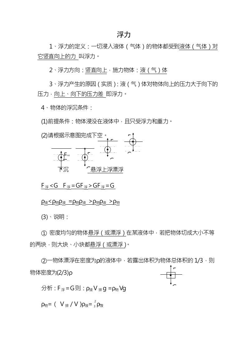 初三物理浮力知识点经典总结及练习题