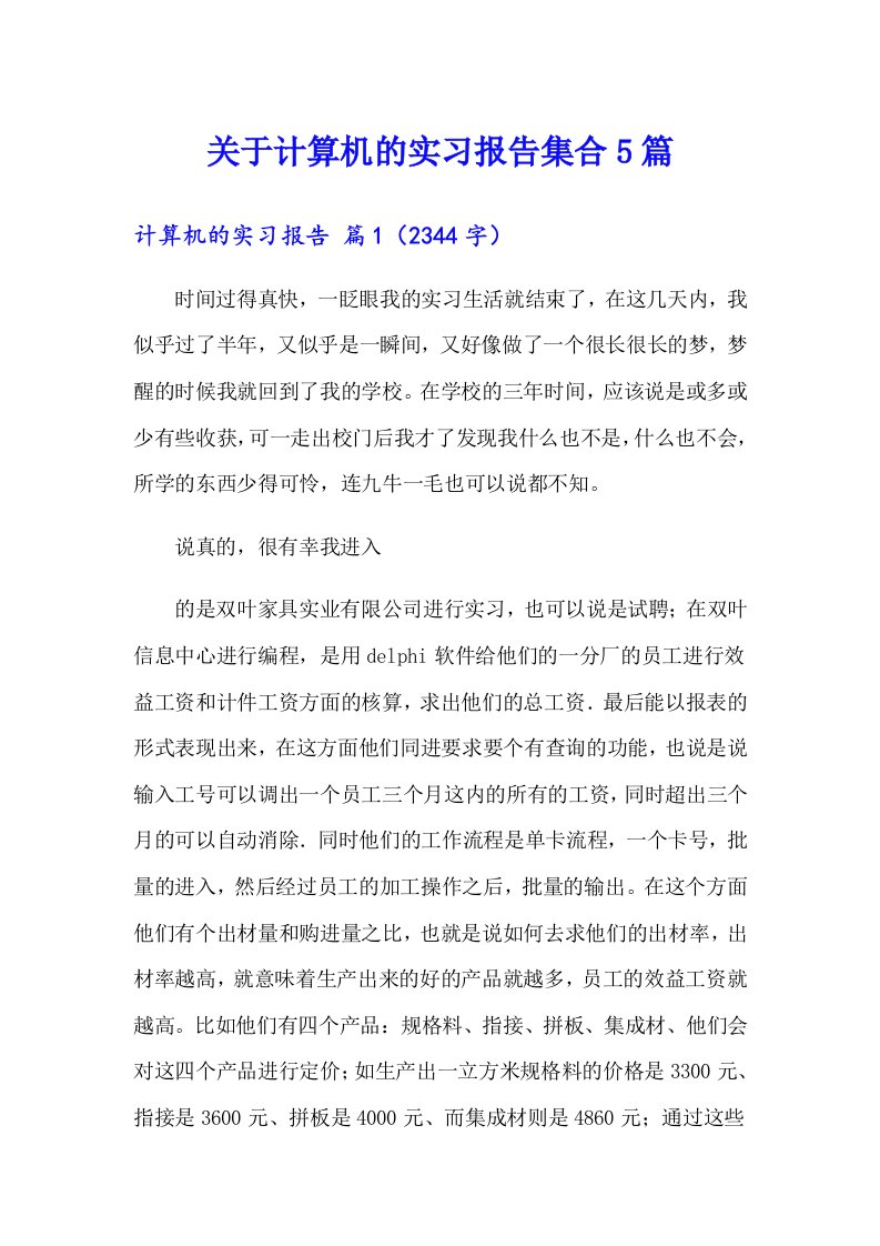 关于计算机的实习报告集合5篇