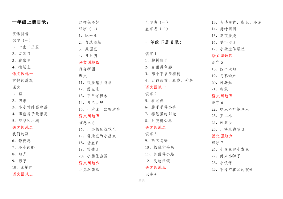 人教版小学语文一至六年级教材目录