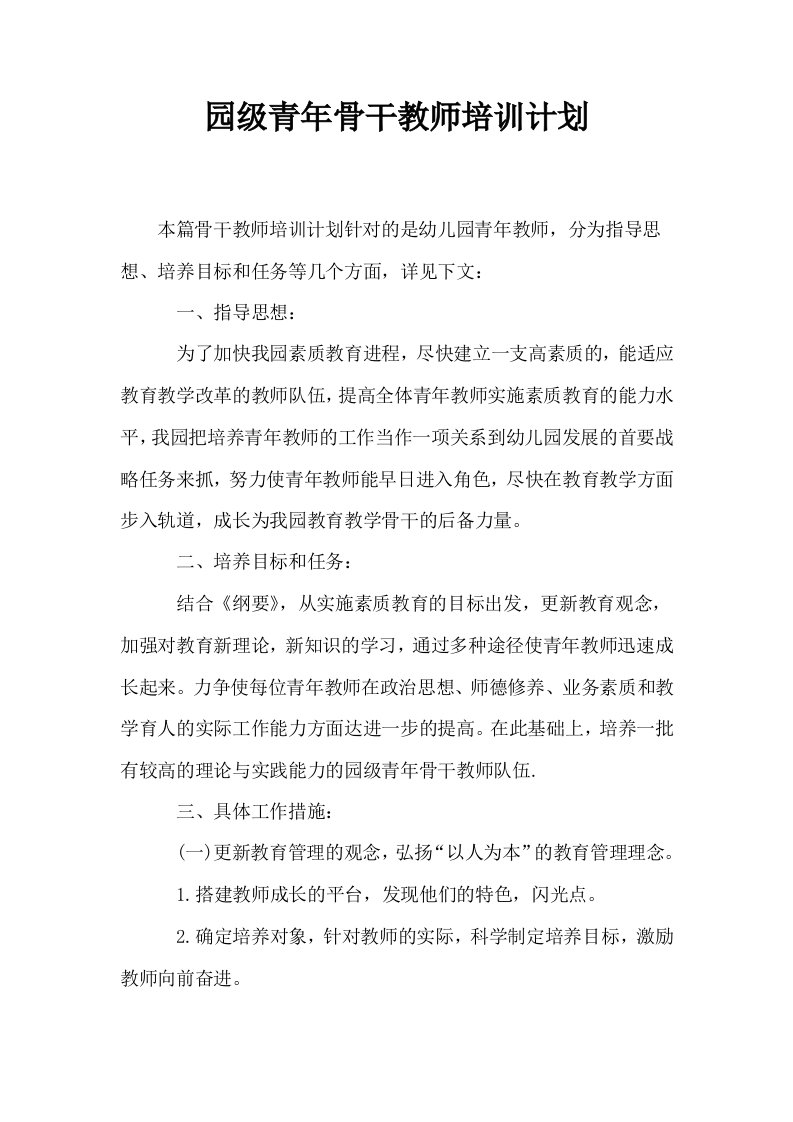 园级青年骨干教师培训计划