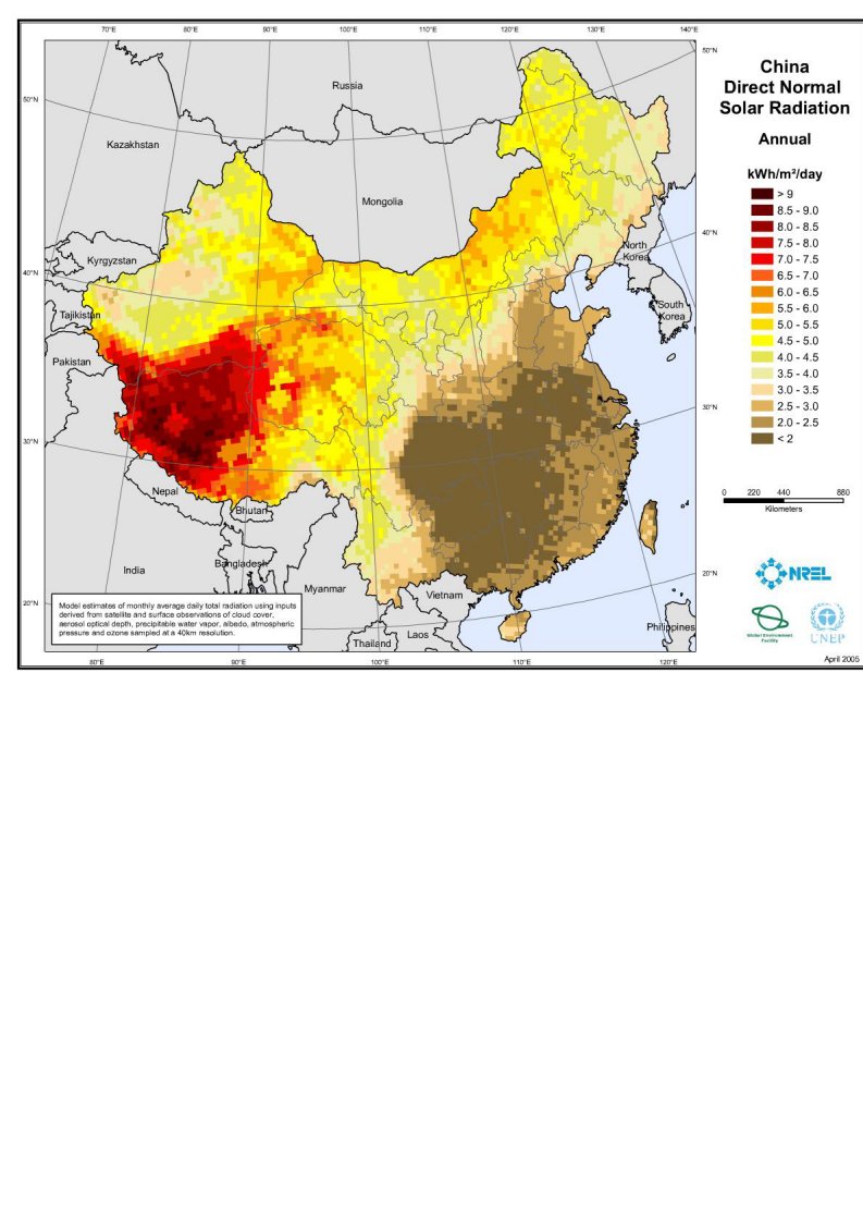 中国年度日照强度分布图