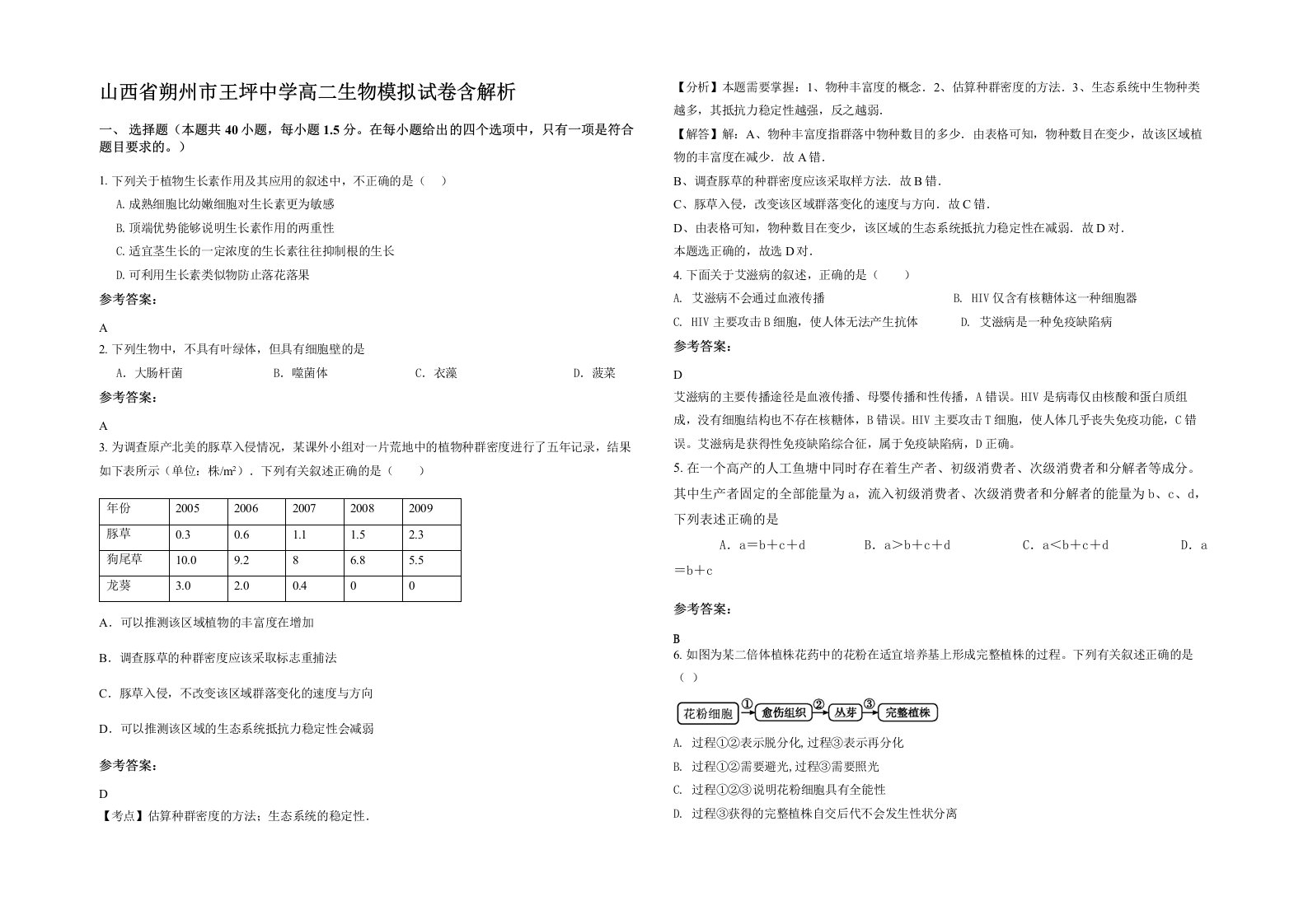 山西省朔州市王坪中学高二生物模拟试卷含解析