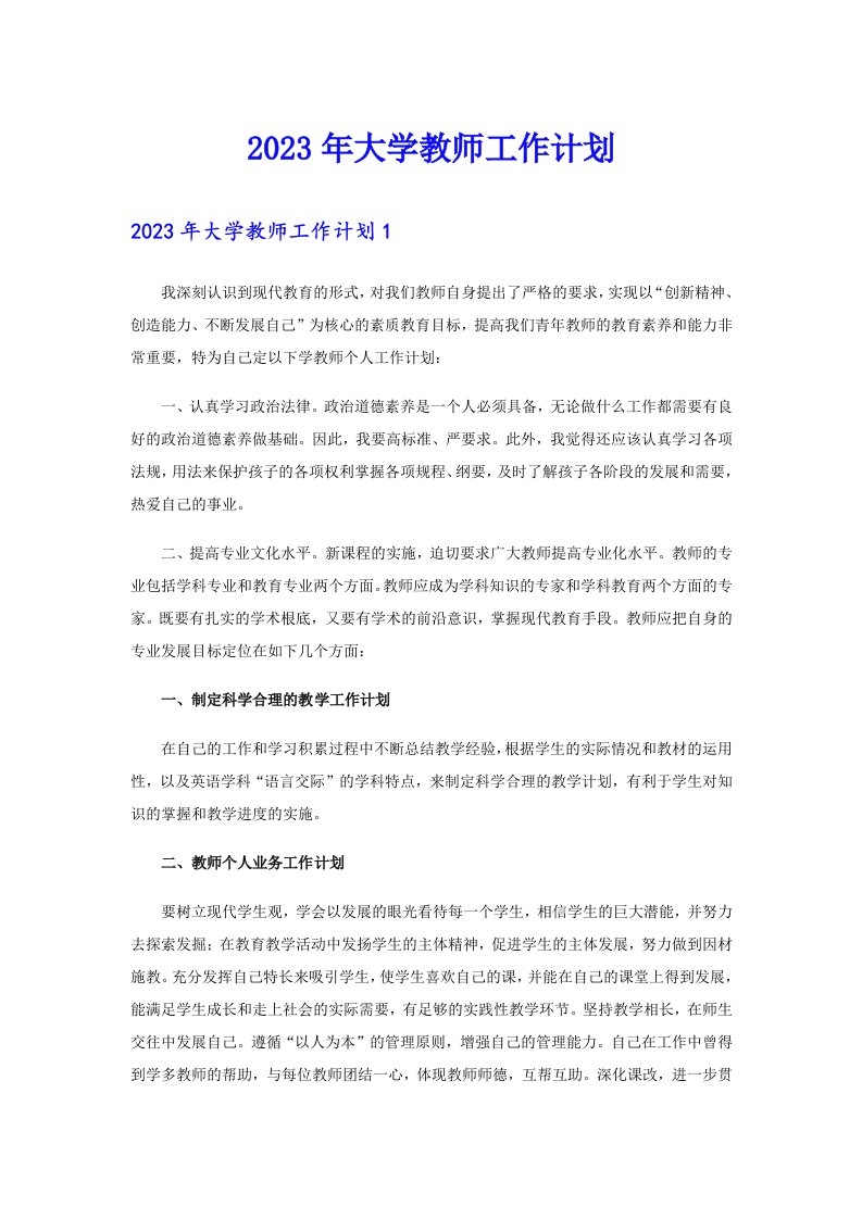 2023年大学教师工作计划