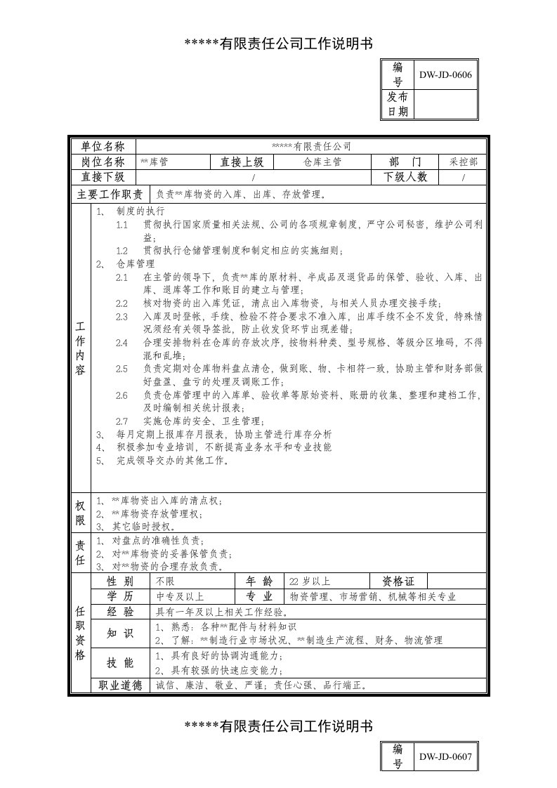 某中型制造业库管岗位说明书及KPI指标