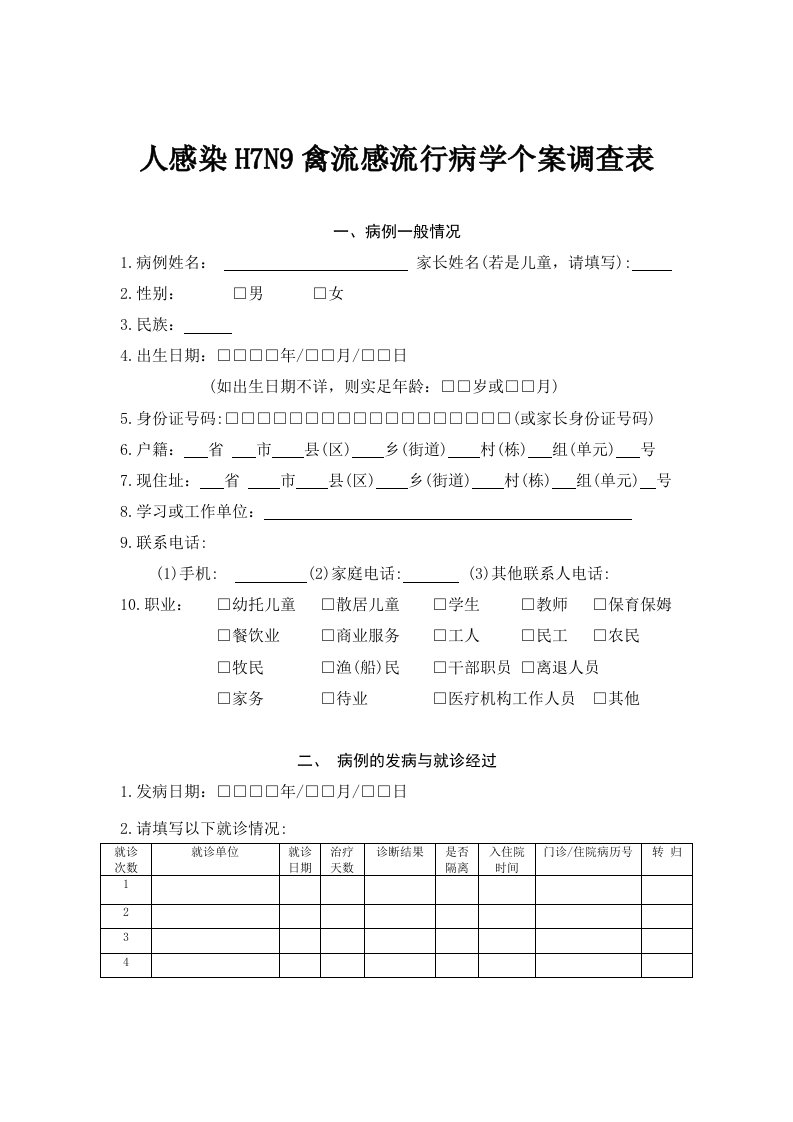 人感染H7N9禽流感流行病学个案调查表