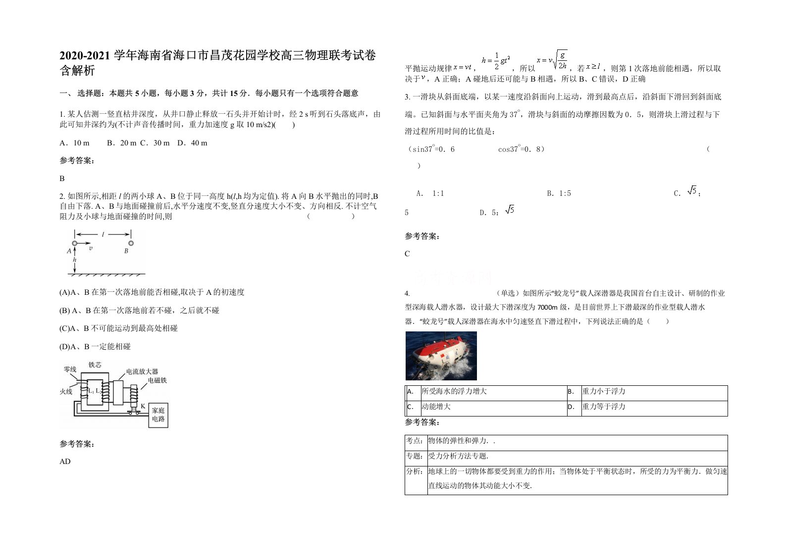 2020-2021学年海南省海口市昌茂花园学校高三物理联考试卷含解析