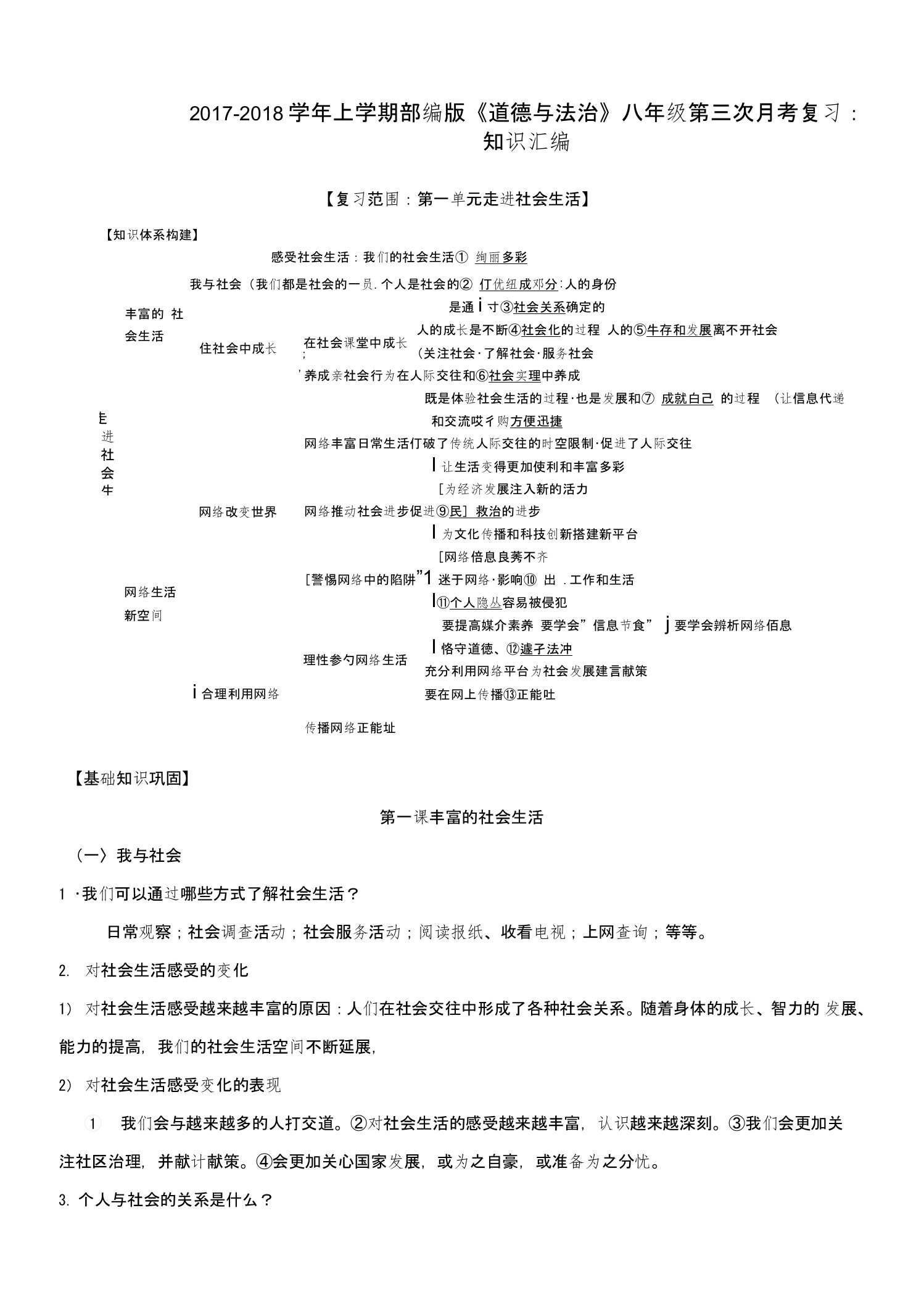 人教版《道德与法治》八年级上册第1-3单元知识点汇总