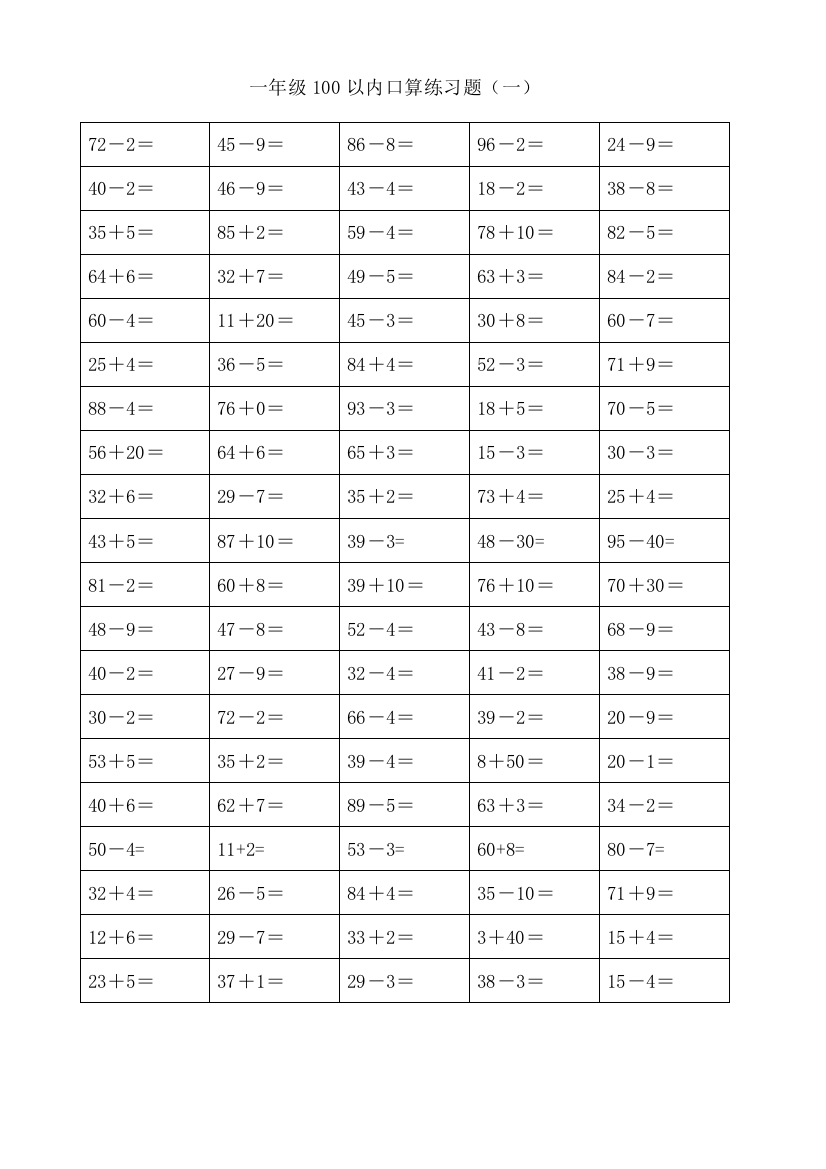 强烈推荐一年级数学下册100以内加减法口算练习题400题