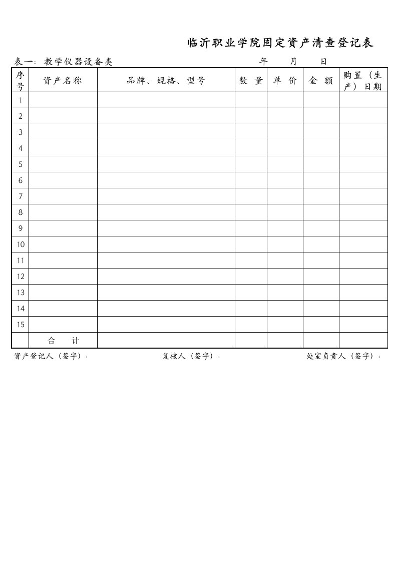 临沂职业学院固定资产清查登记表