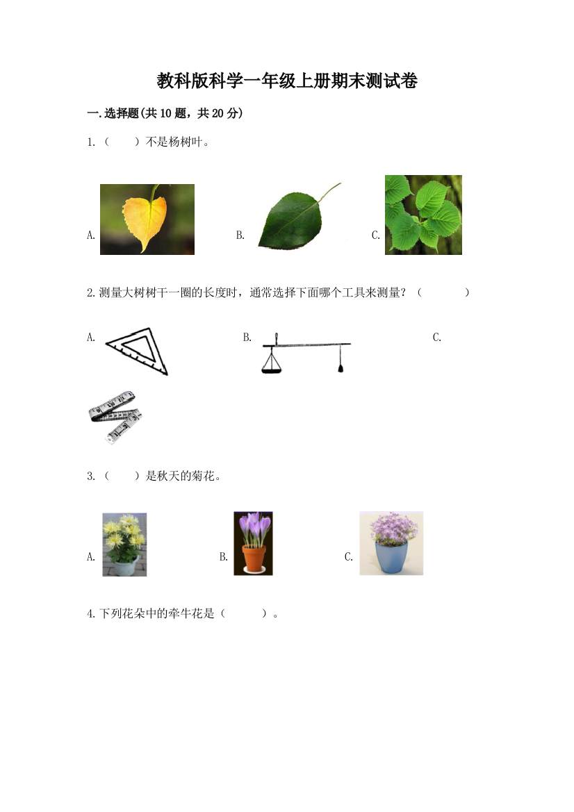 教科版科学一年级上册期末测试卷含完整答案（名师系列）