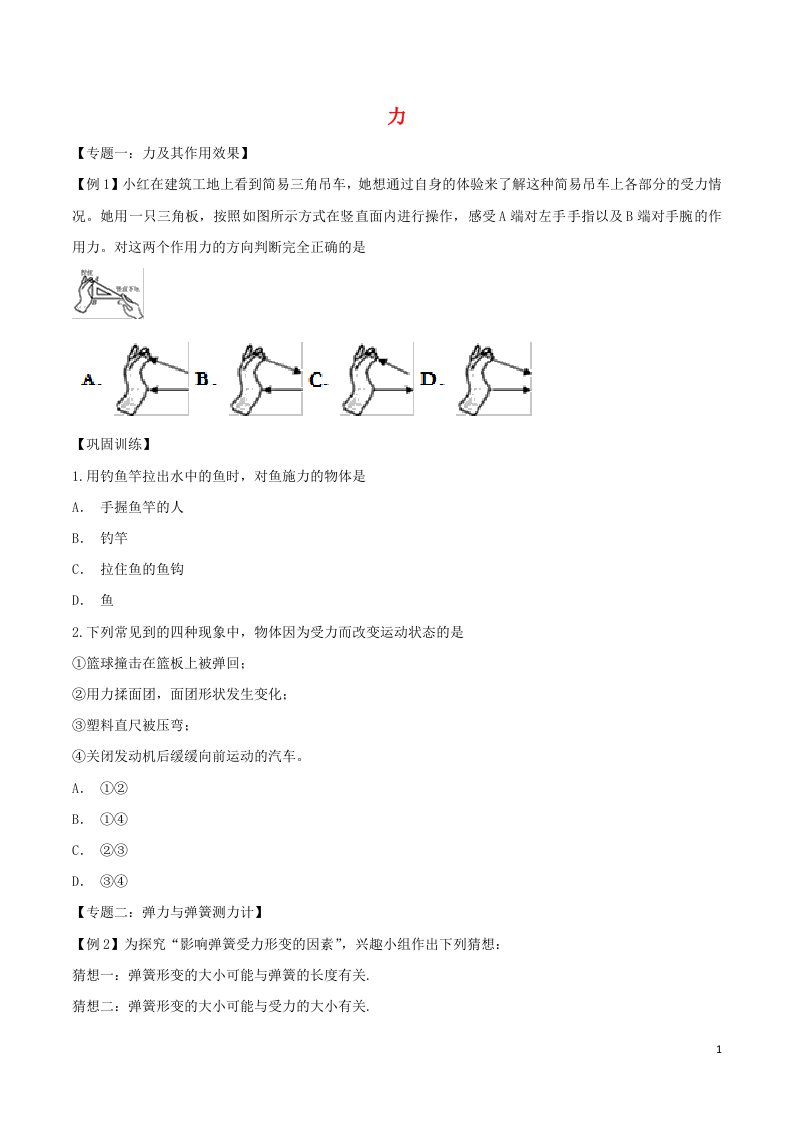 2020八年级物理重点知识专题训练力含解析新人教版