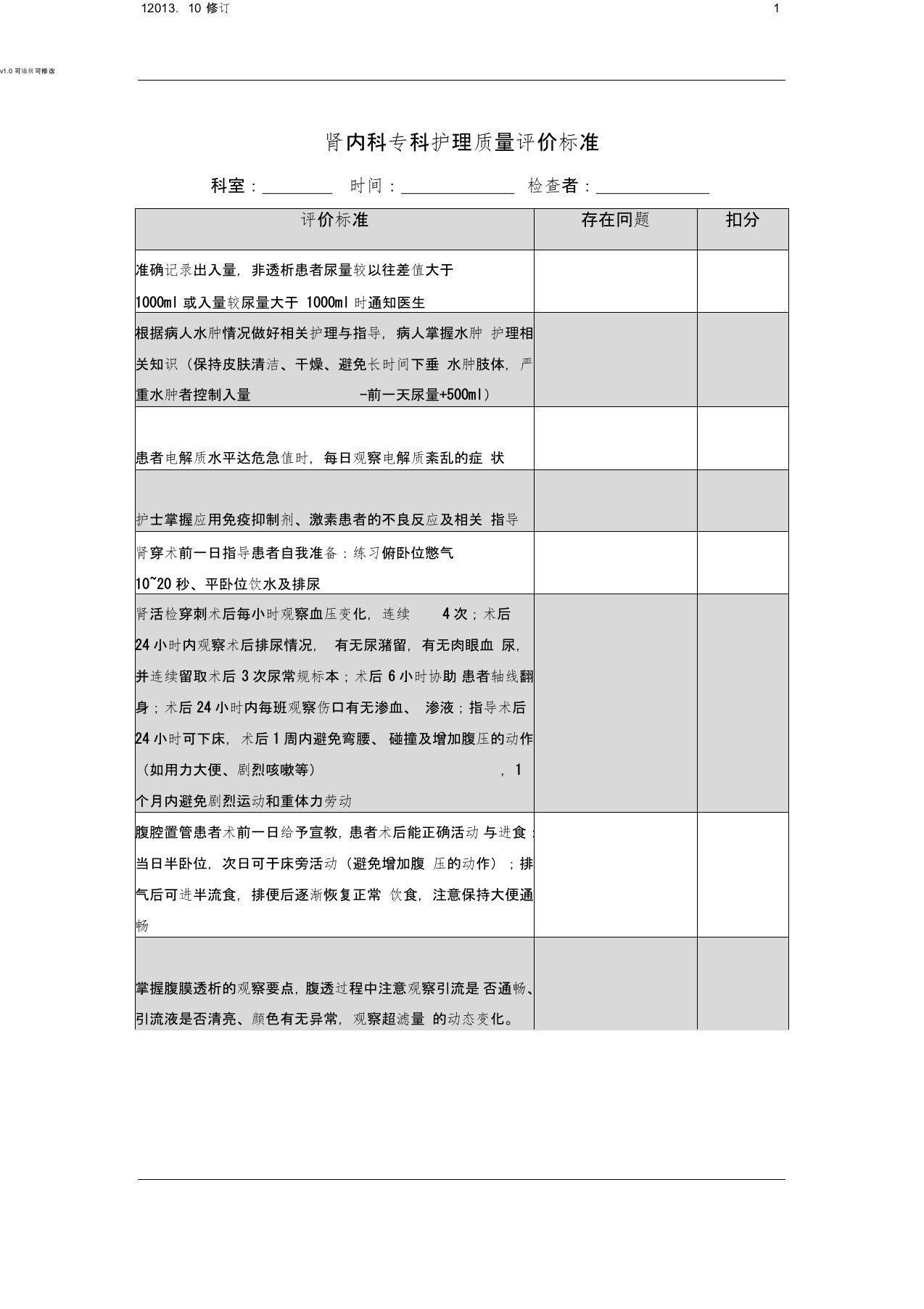 肾内科专科护理质量评价标准