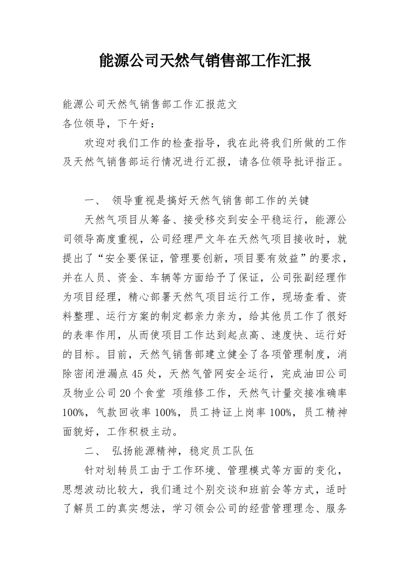 能源公司天然气销售部工作汇报