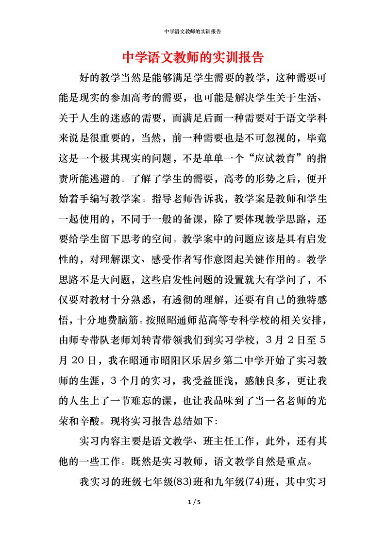 精编中学语文教师的实训报告