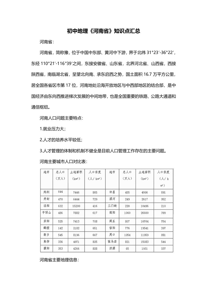 初中地理河南省知识点汇总