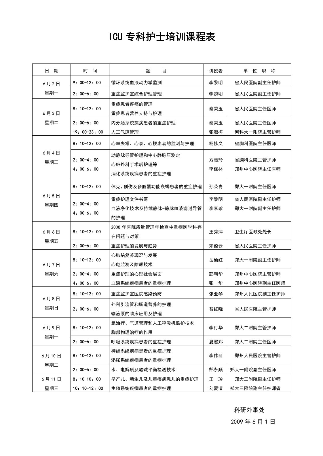 ICU专科护士培训课程表