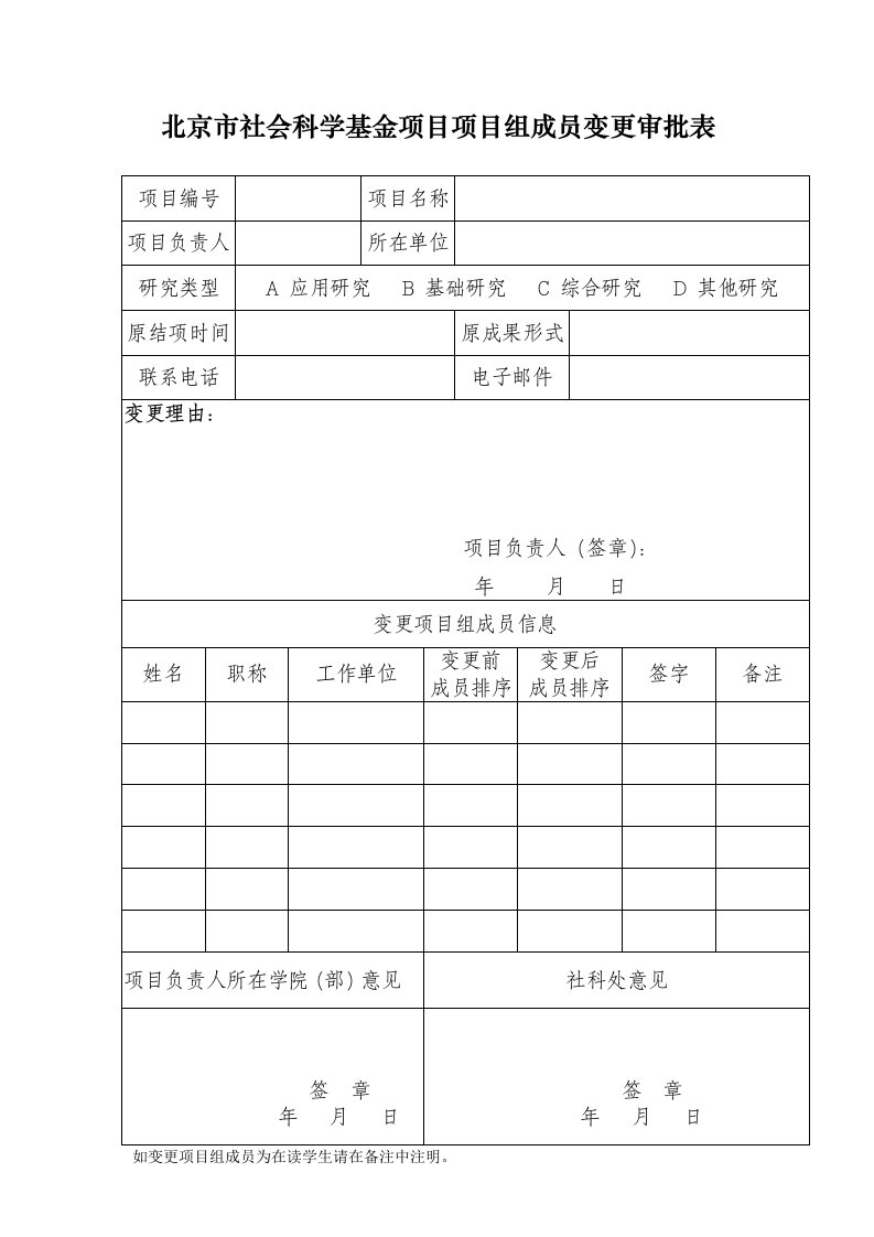 北京市社会科学基金项目项目组成员变更审批表