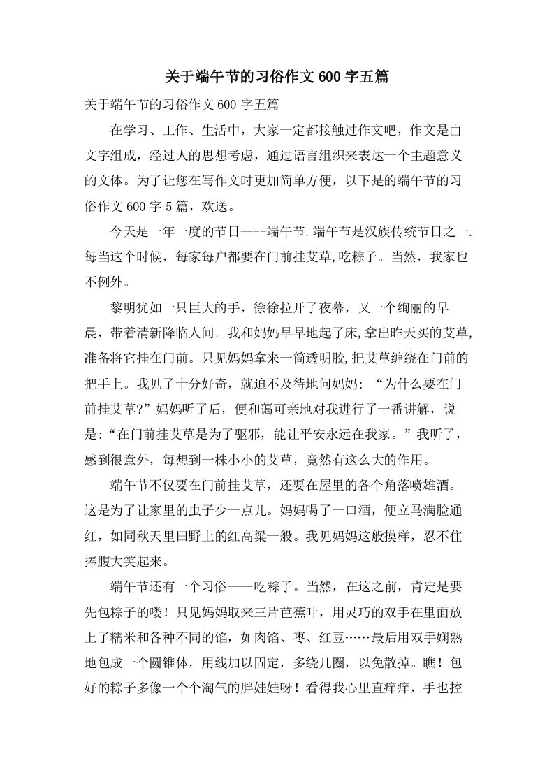 关于端午节的习俗作文600字五篇