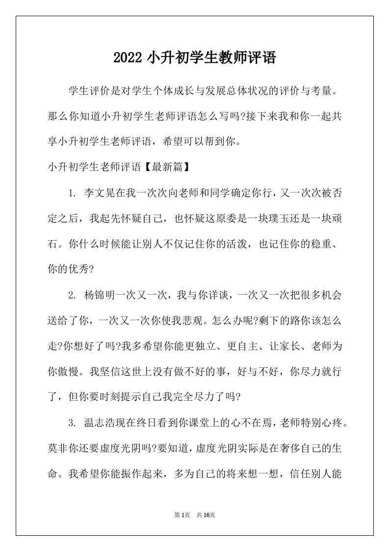 2022年小升初学生教师评语