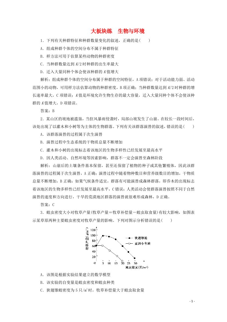 2021届高考生物二轮复习大板块练生物与环境含解析