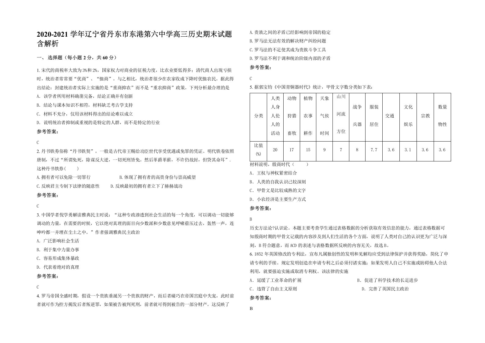 2020-2021学年辽宁省丹东市东港第六中学高三历史期末试题含解析