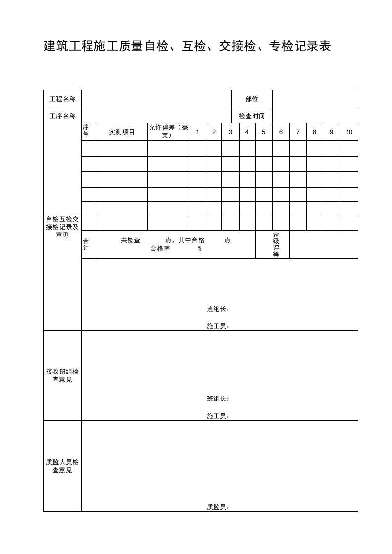 建筑工程施工自检互检交接检专检记录表