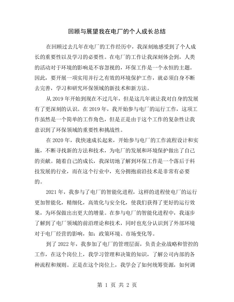 回顾与展望我在电厂的个人成长总结