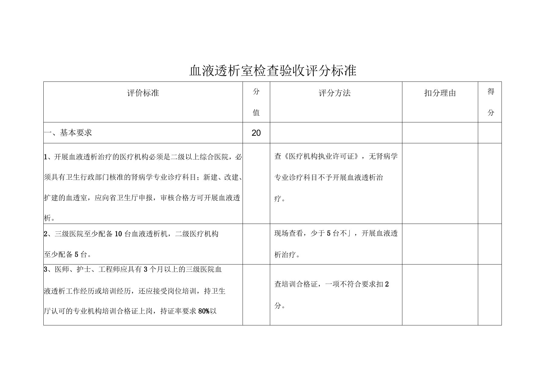 血透室评审验收标准