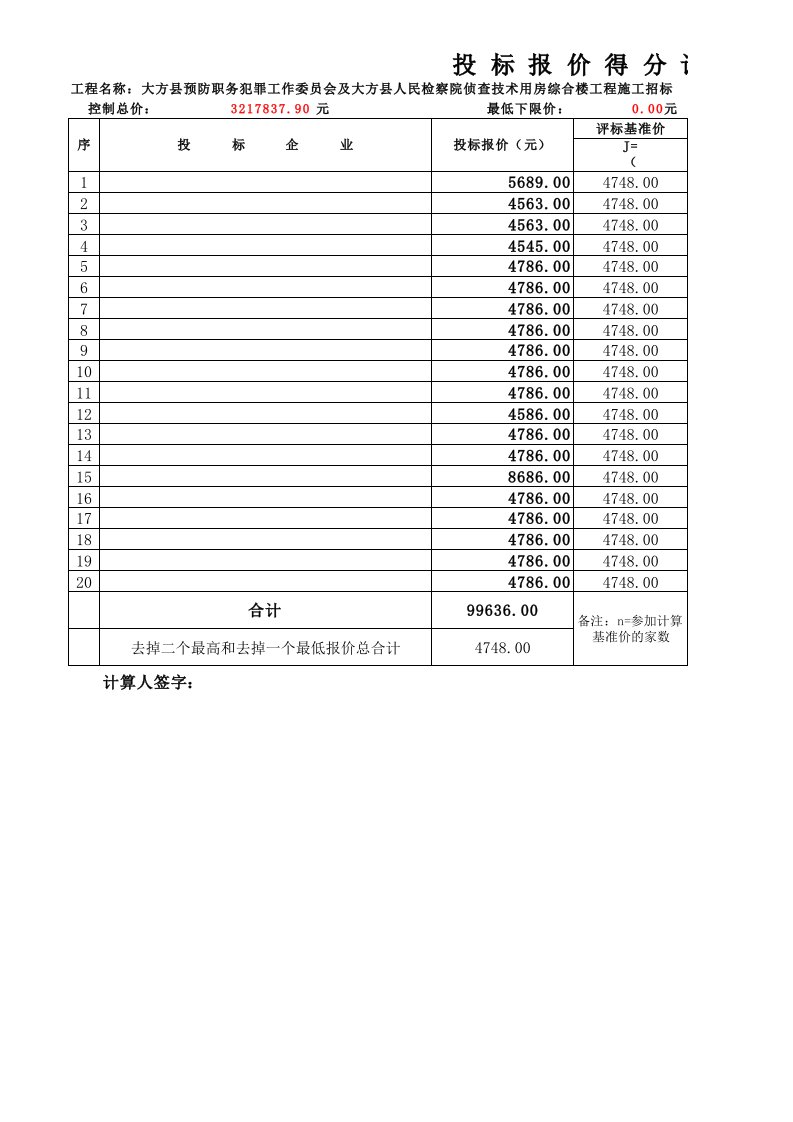 投标报价得分计算表Excele