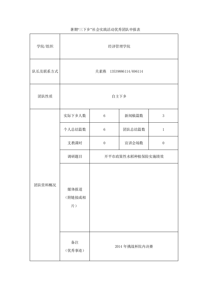 三下乡优秀团队申报表12级经管Galaxy队关素燕