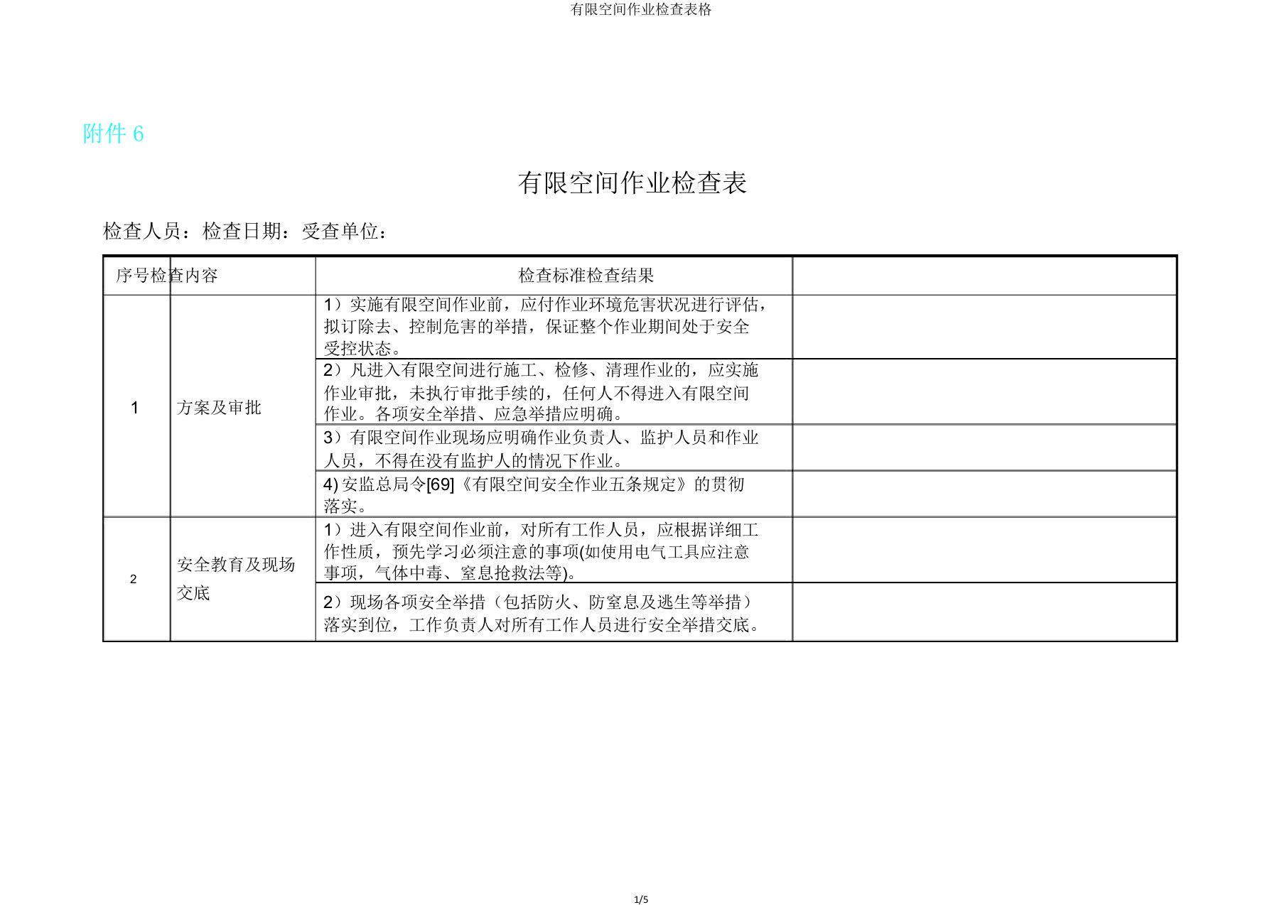 有限空间作业检查表格