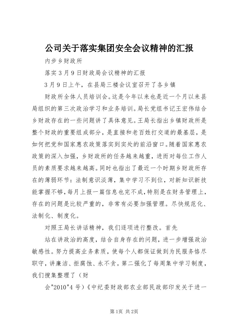 公司关于落实集团安全会议精神的汇报