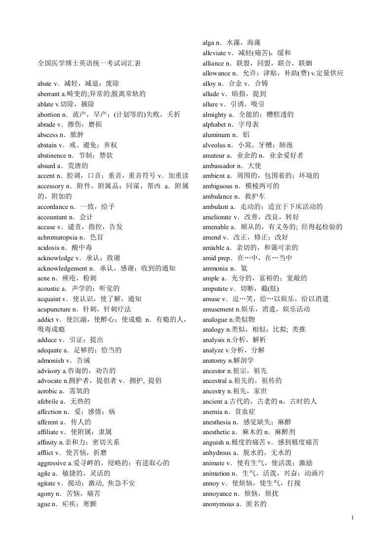 【管理精品】全国医学博士英语统一考试单词