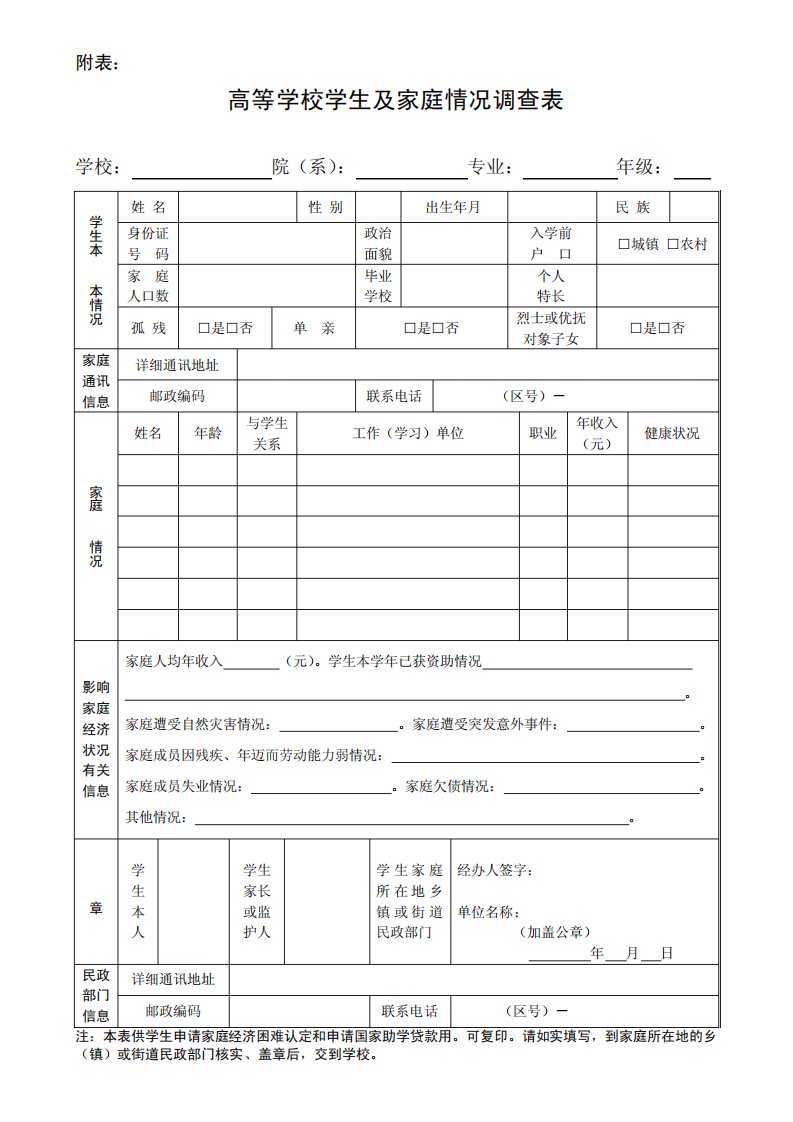 贫困认定表