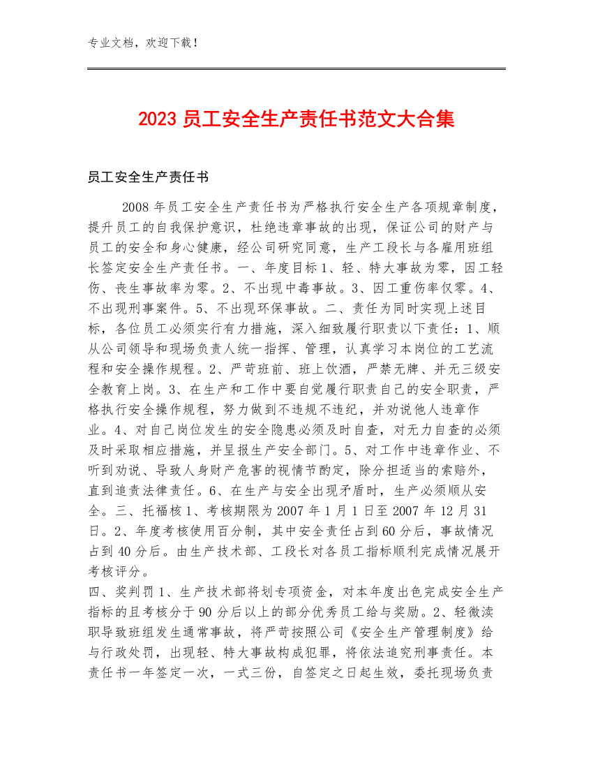 2023员工安全生产责任书范文大合集