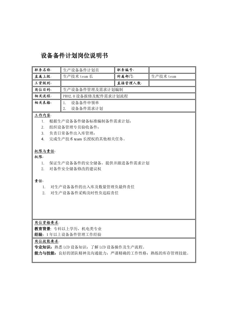 生产管理--联信光电子公司生产技术team设备备件计划岗位说明书