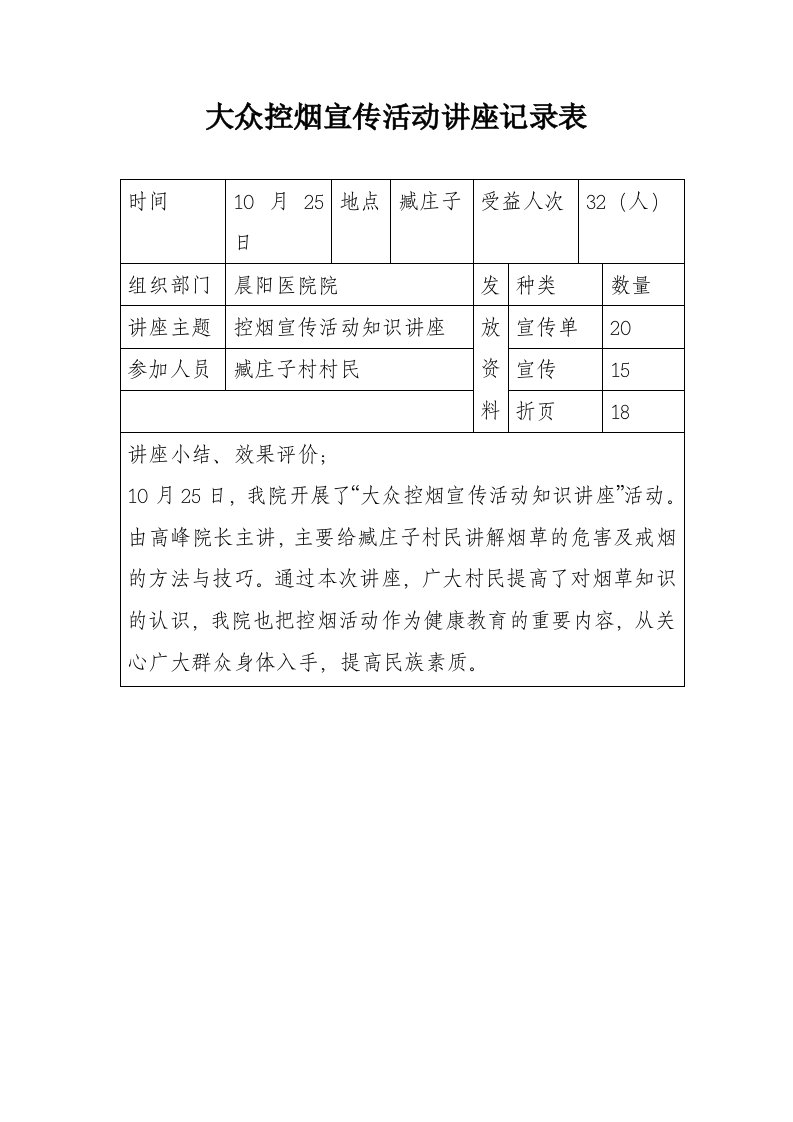 大众控烟知识讲座记录表