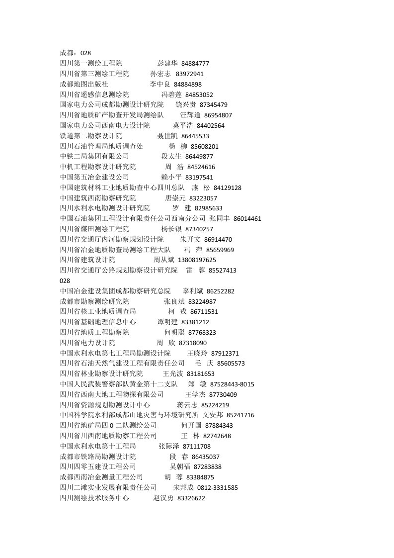 四川省测绘单位通讯录(西南区域)
