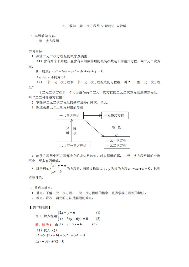 初三数学二元二次方程组知识精讲人教