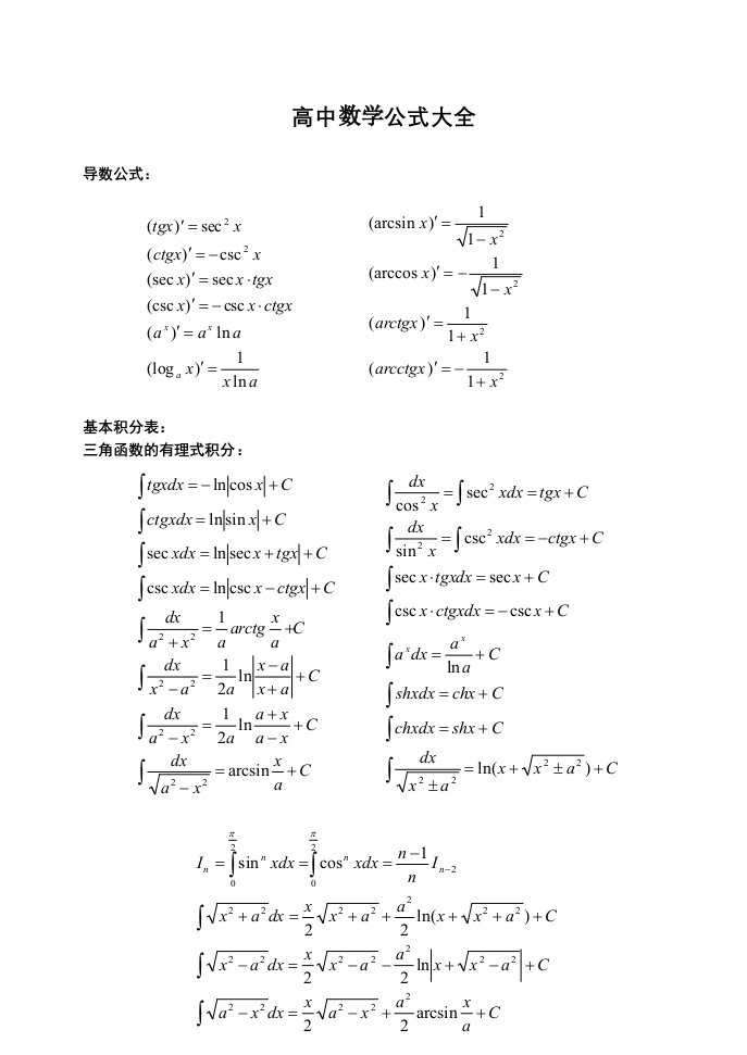 高中数学公式-高考2012给力启航