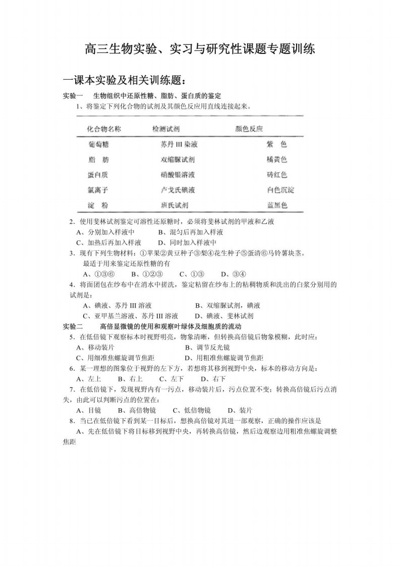 高三生物实验、实习与研究性课题训练