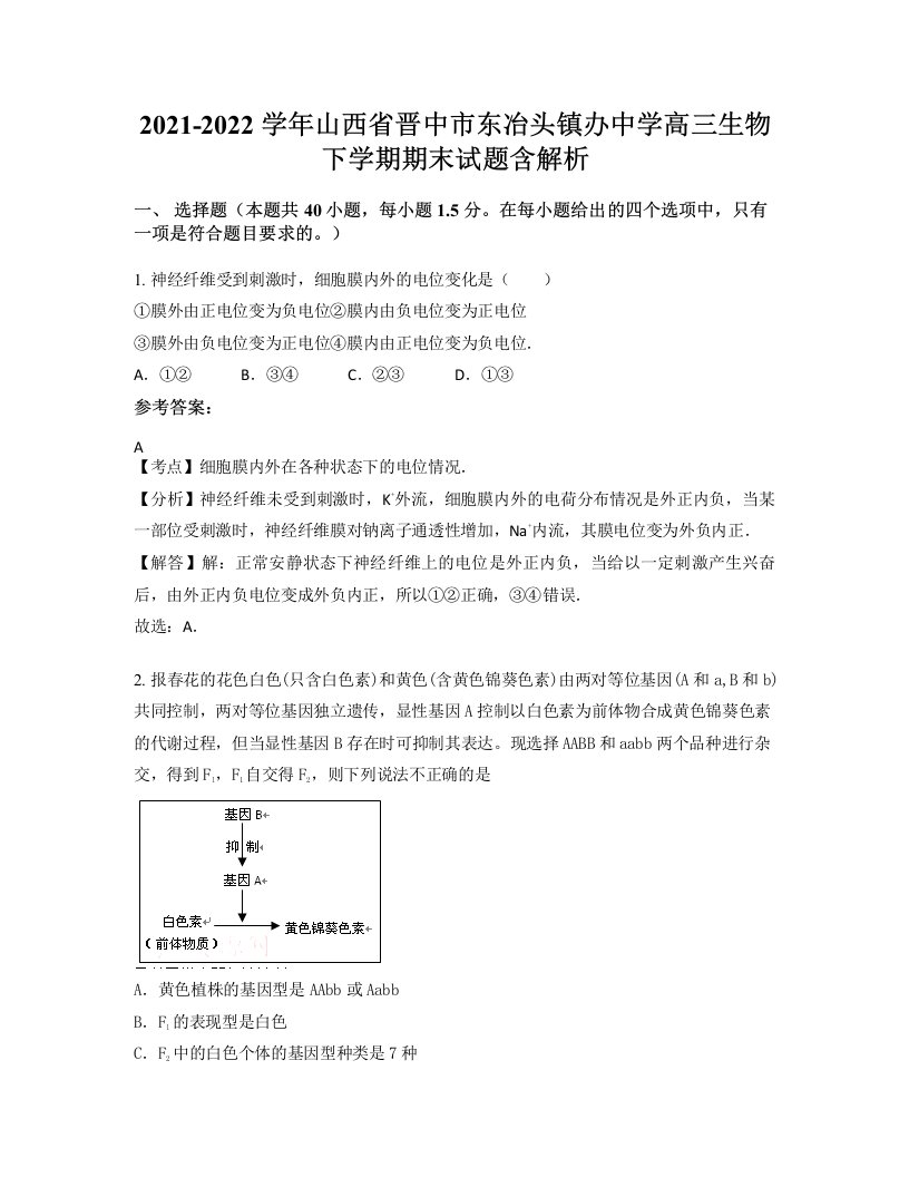 2021-2022学年山西省晋中市东冶头镇办中学高三生物下学期期末试题含解析