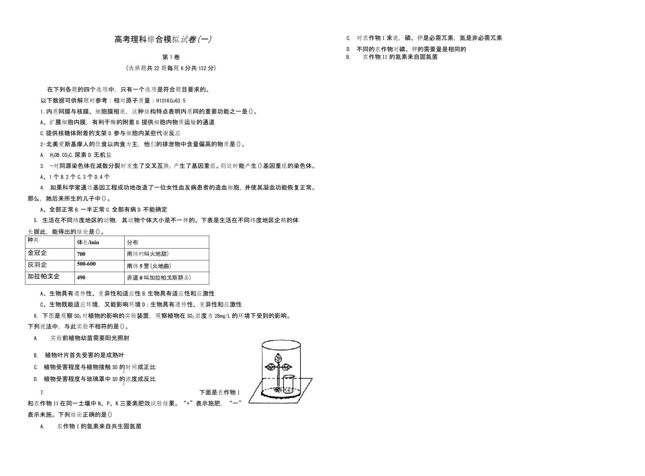 高考理科综合模拟试卷(一)