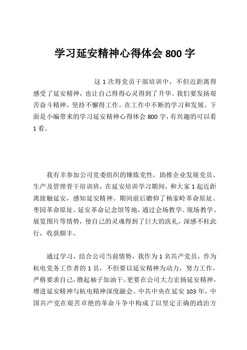 学习延安精神心得体会800字