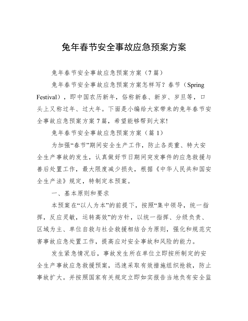 兔年春节安全事故应急预案方案